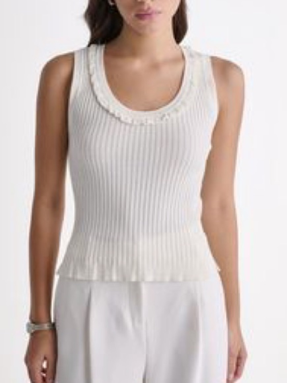 Michael Lauren Cream Ribbed Ruffle-Trim Tank Top Small - Picture 1 of 5